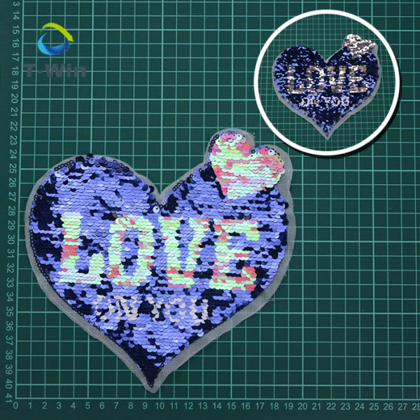 Different Size Love Word Designed Reversible Sequin Heart Patch Sew On